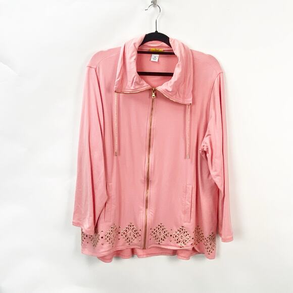 2/$30 Ruby Rd. 1X Plus Womens Pink/Gold Studded Collared Full Zip Jacket - Picture 1 of 8